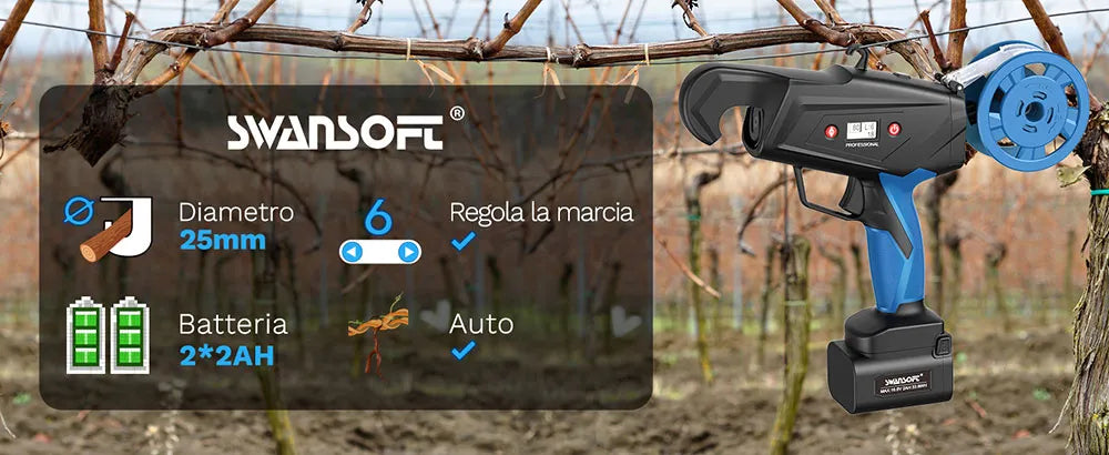 Aparat de Legat Vița de Vie Electric Swansoft B12 (25mm) - Kit Complet 2 Acumulatori